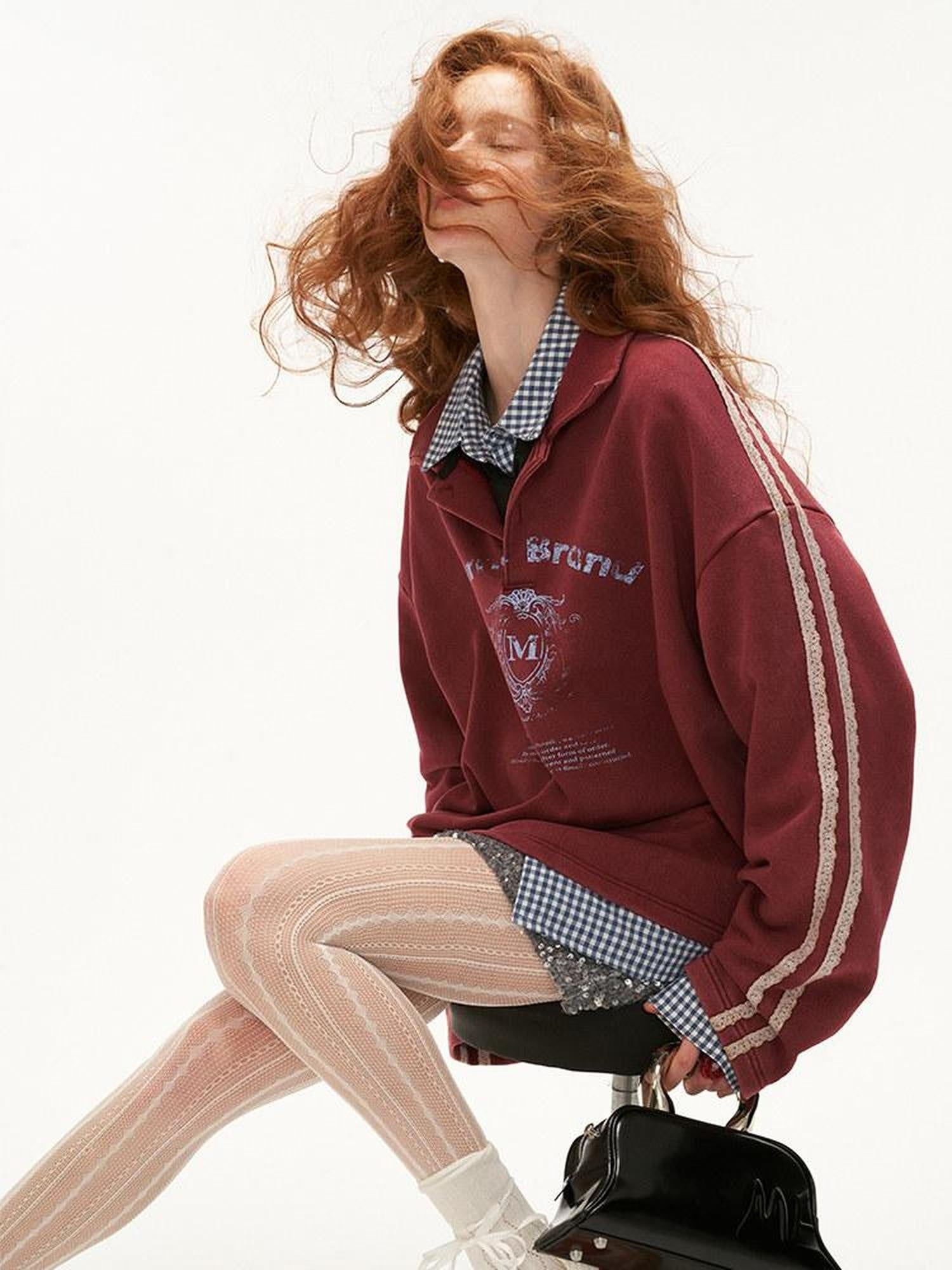 MAMC Soft Cotton Blend Polo Collar Loose Fit Long Sleeve Commuter Lettered Sweatshirt