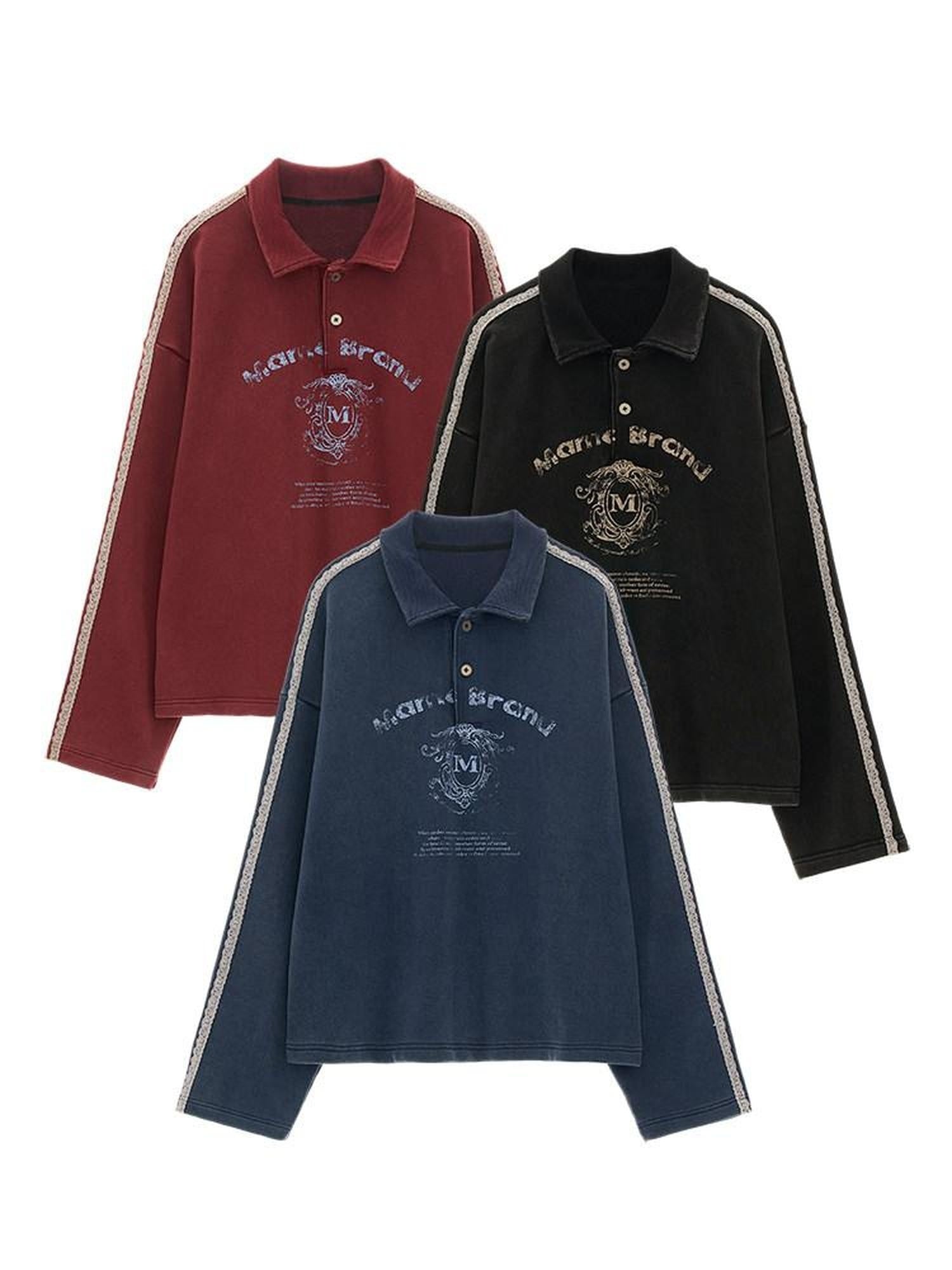 MAMC Soft Cotton Blend Polo Collar Loose Fit Long Sleeve Commuter Lettered Sweatshirt