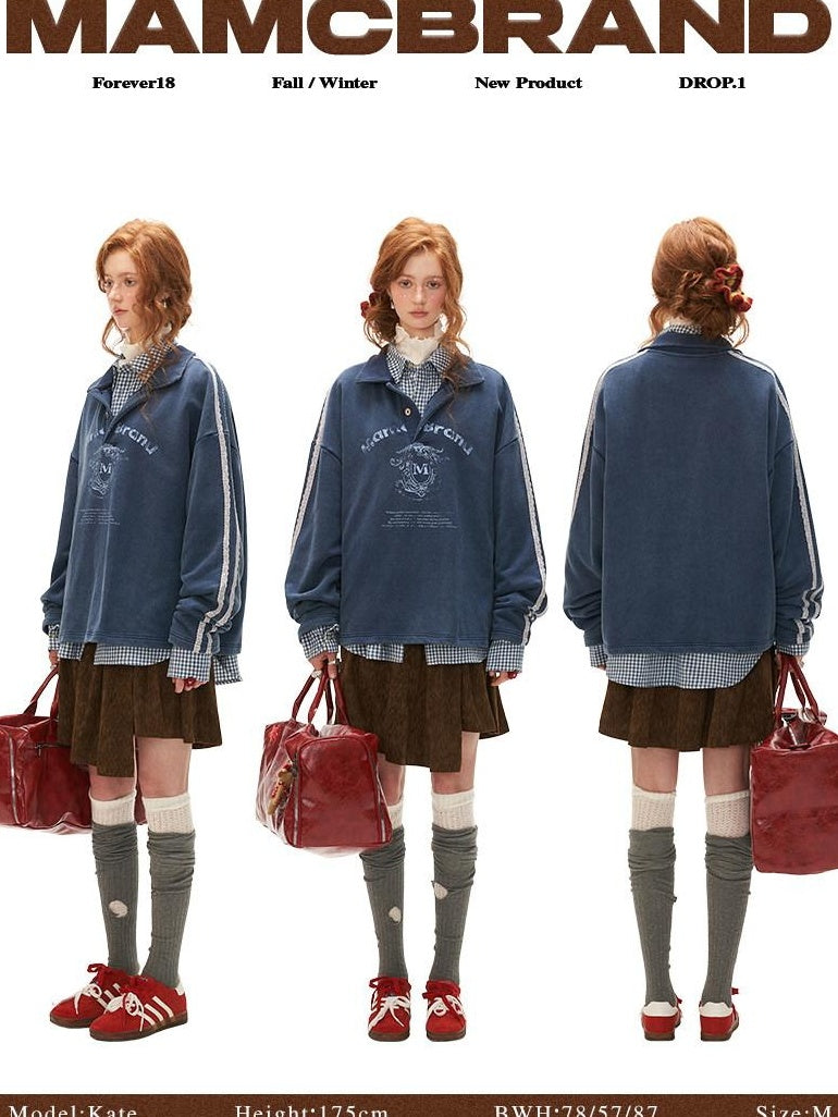 MAMC Soft Cotton Blend Polo Collar Loose Fit Long Sleeve Commuter Lettered Sweatshirt