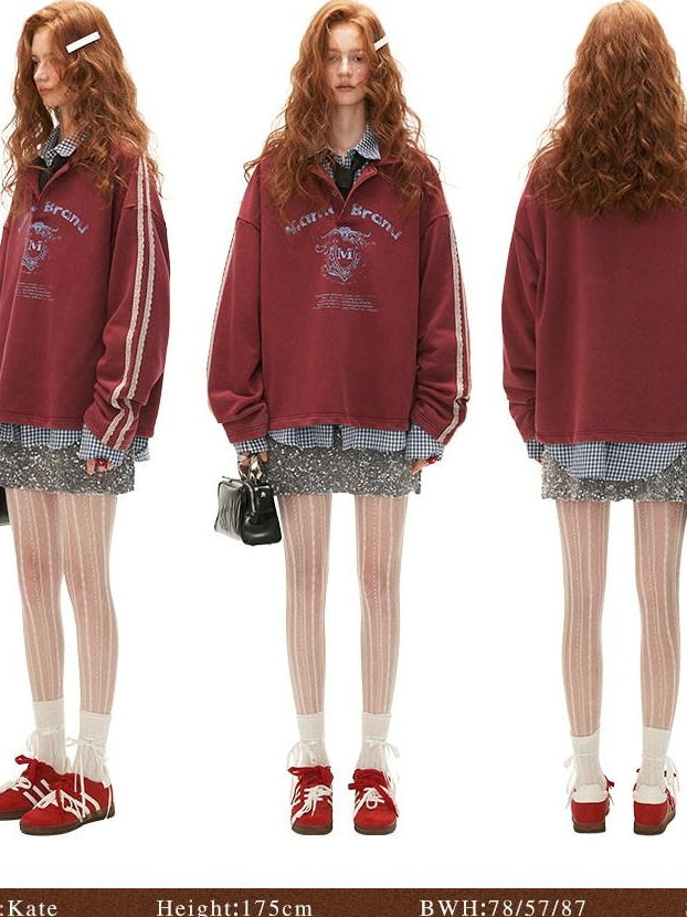 MAMC Soft Cotton Blend Polo Collar Loose Fit Long Sleeve Commuter Lettered Sweatshirt