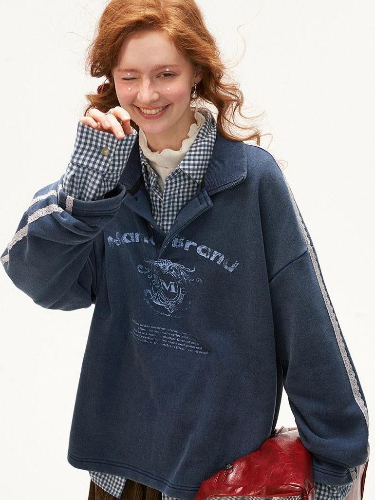 MAMC Soft Cotton Blend Polo Collar Loose Fit Long Sleeve Commuter Lettered Sweatshirt