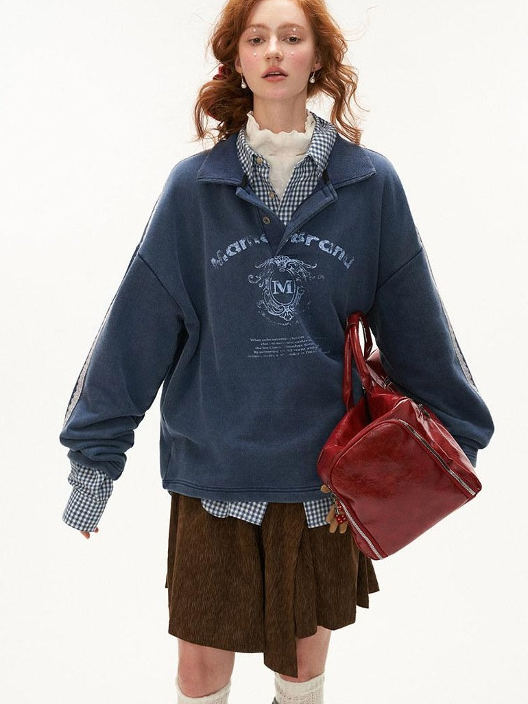 MAMC Soft Cotton Blend Polo Collar Loose Fit Long Sleeve Commuter Lettered Sweatshirt