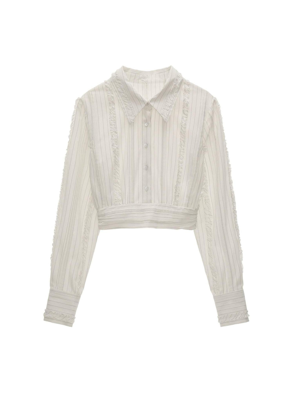 MAMC Soft Cotton Blend Waist Cinch Cropped Striped Lapel Long Sleeve White Shirts