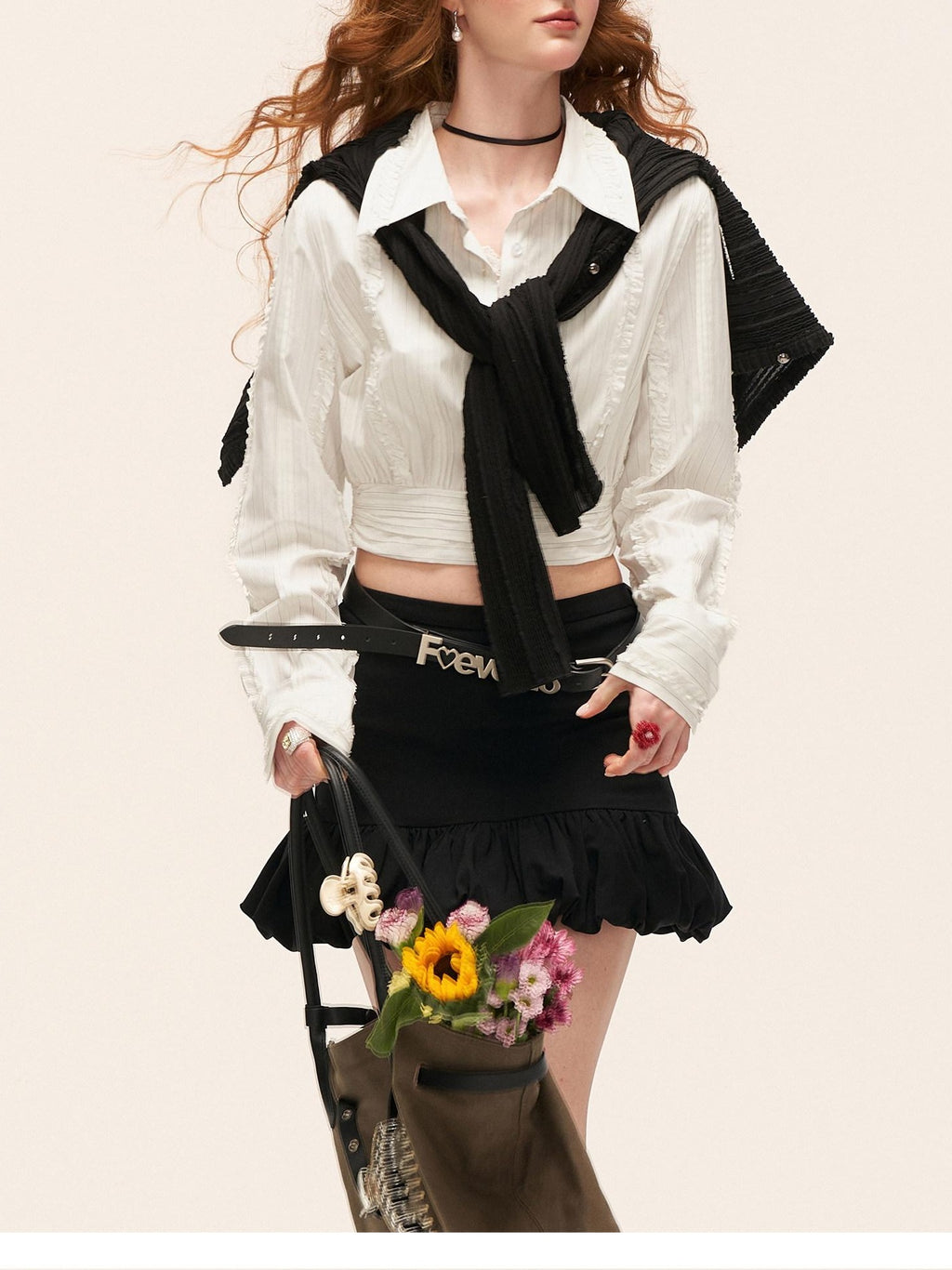 MAMC Soft Cotton Blend Waist Cinch Cropped Striped Lapel Long Sleeve White Shirts