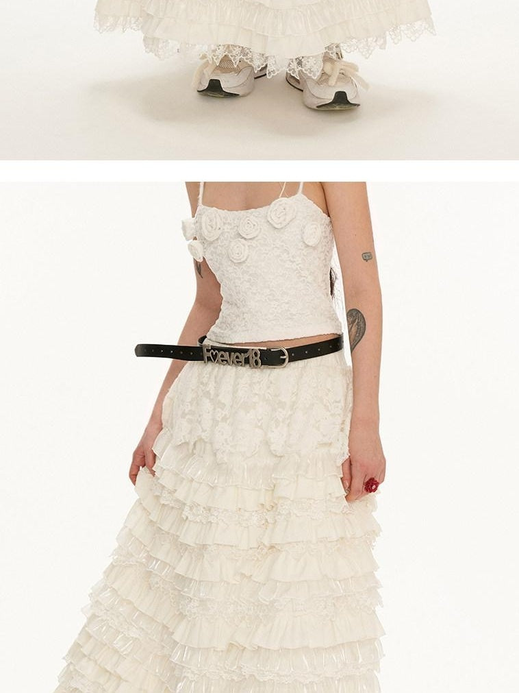MAMC Soft Cotton Stretch Tiered Cake Loose Mid Waist Casual White Maxi Skirts