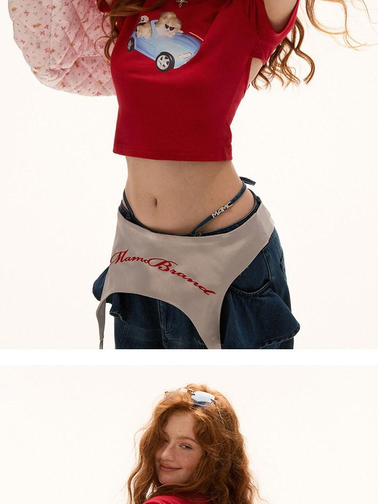 MAMC Soft Stretch Cotton Slim Sexy Animal Print Short Sleeve Red Basic Crop Tops
