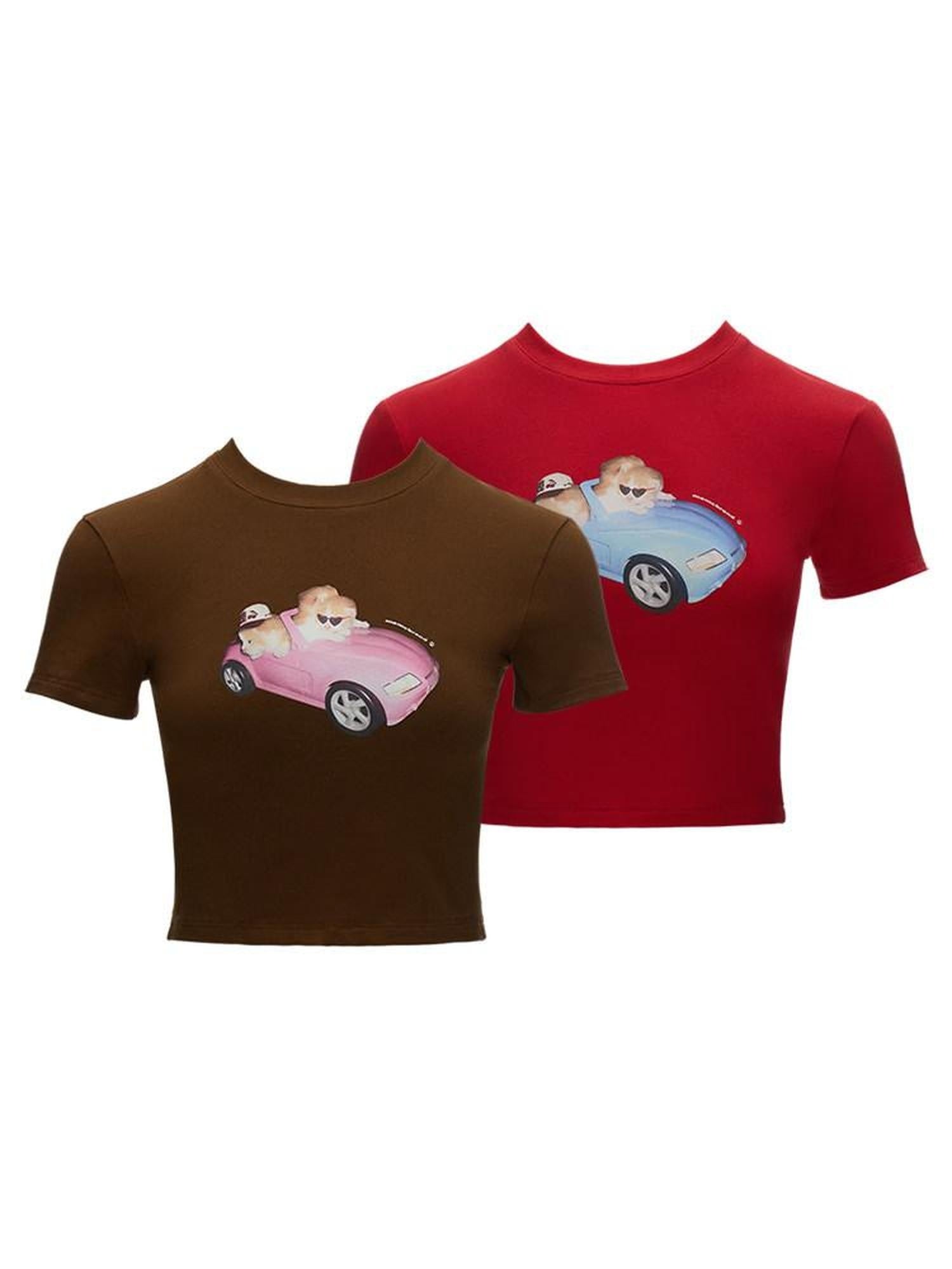 MAMC Soft Stretch Cotton Slim Sexy Animal Print Short Sleeve Red Basic Crop Tops