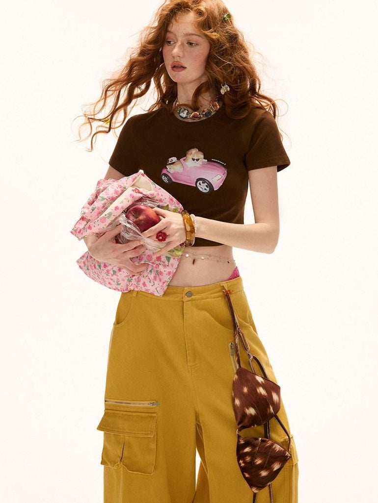 MAMC Soft Stretch Cotton Slim Sexy Animal Print Short Sleeve Red Basic Crop Tops