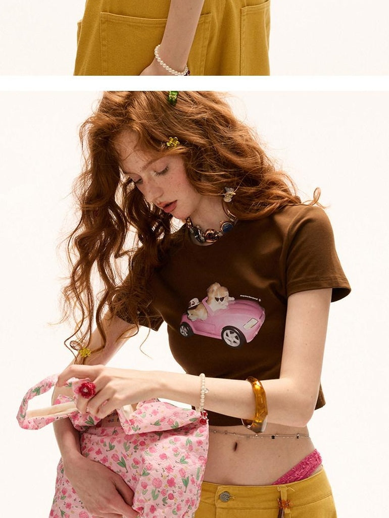 MAMC Soft Stretch Cotton Slim Sexy Animal Print Short Sleeve Red Basic Crop Tops