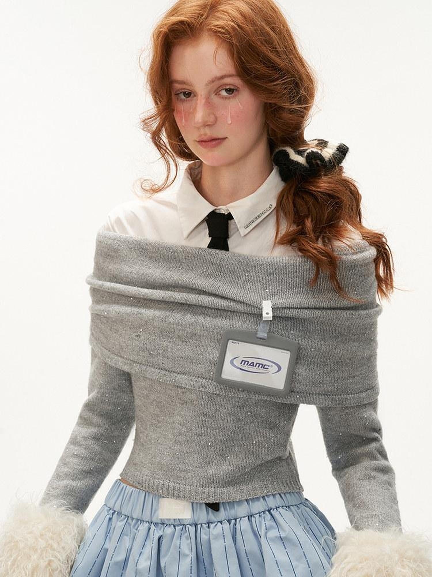 MAMC Soft Stretch Slim Fit Boat Neck Gray Preppy Pullover Knit Long Sleeve Sweaters