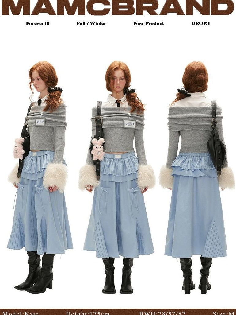 MAMC Soft Stretch Slim Fit Boat Neck Gray Preppy Pullover Knit Long Sleeve Sweaters