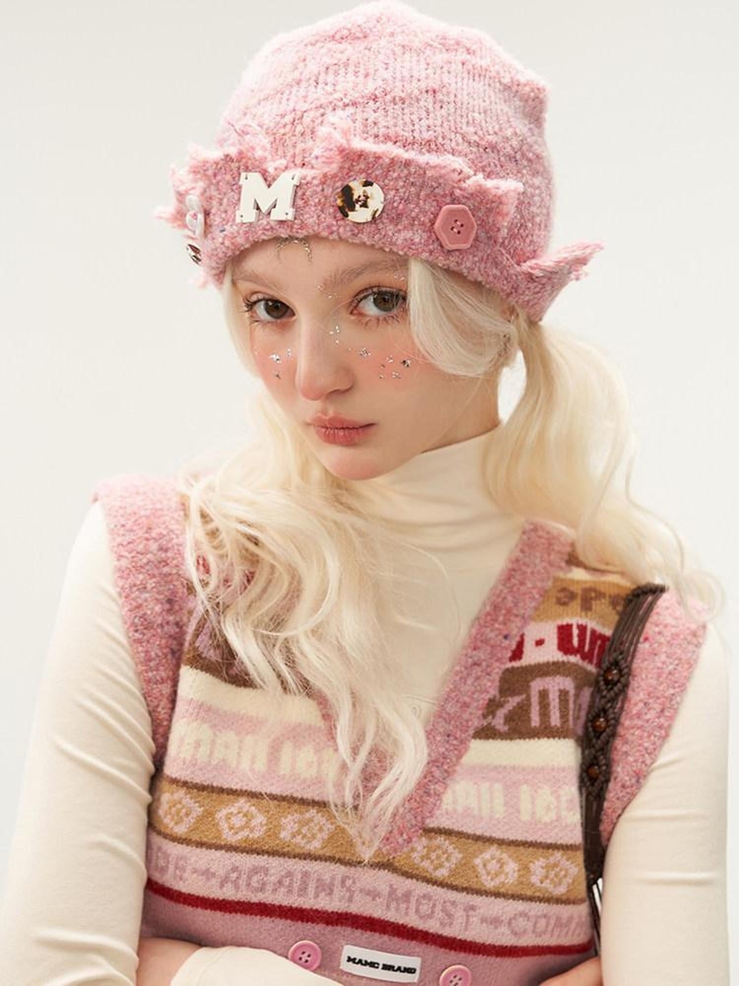 MAMC Soft Warm Adjustable Knit Beanie Round Top No Brim Women Acrylic Pink Hats