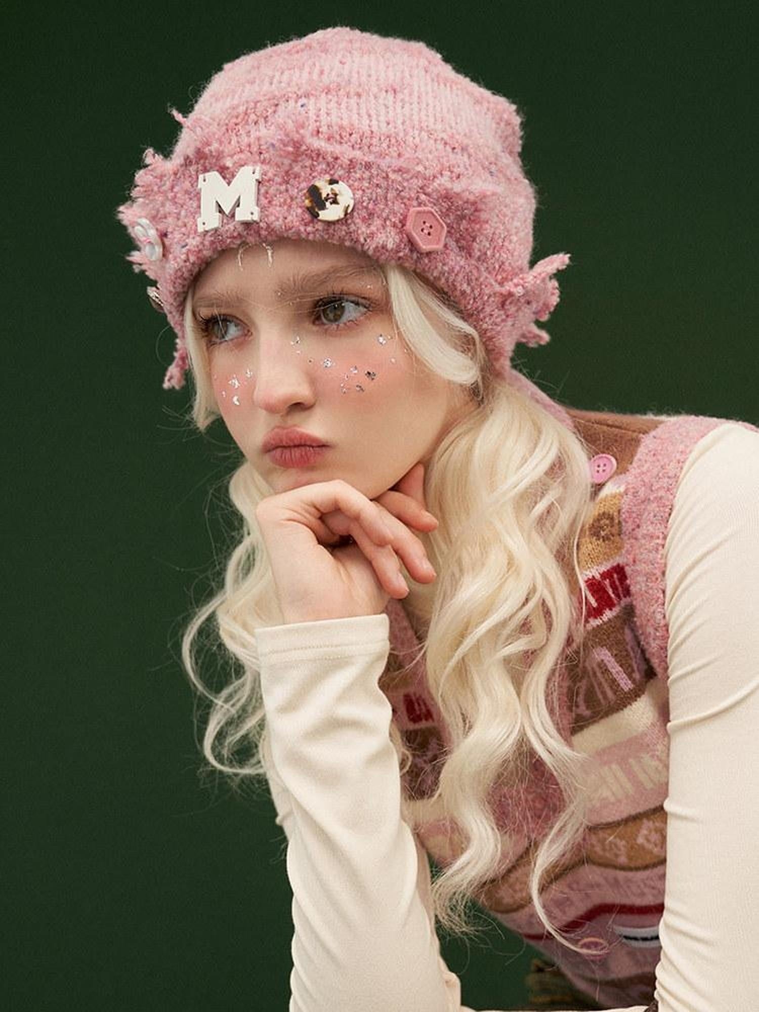 MAMC Soft Warm Adjustable Knit Beanie Round Top No Brim Women Acrylic Pink Hats