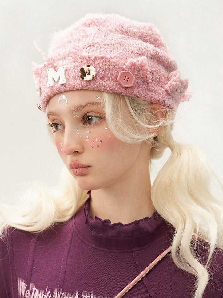 MAMC Soft Warm Adjustable Knit Beanie Round Top No Brim Women Acrylic Pink Hats