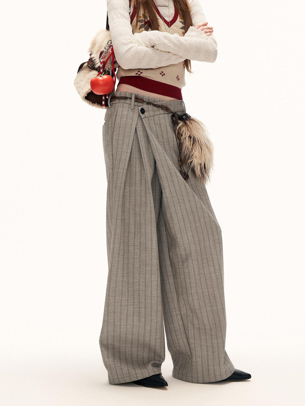 MAMC Soft Wide Leg Pleated Striped Casual Women Light Gray Straight Pants