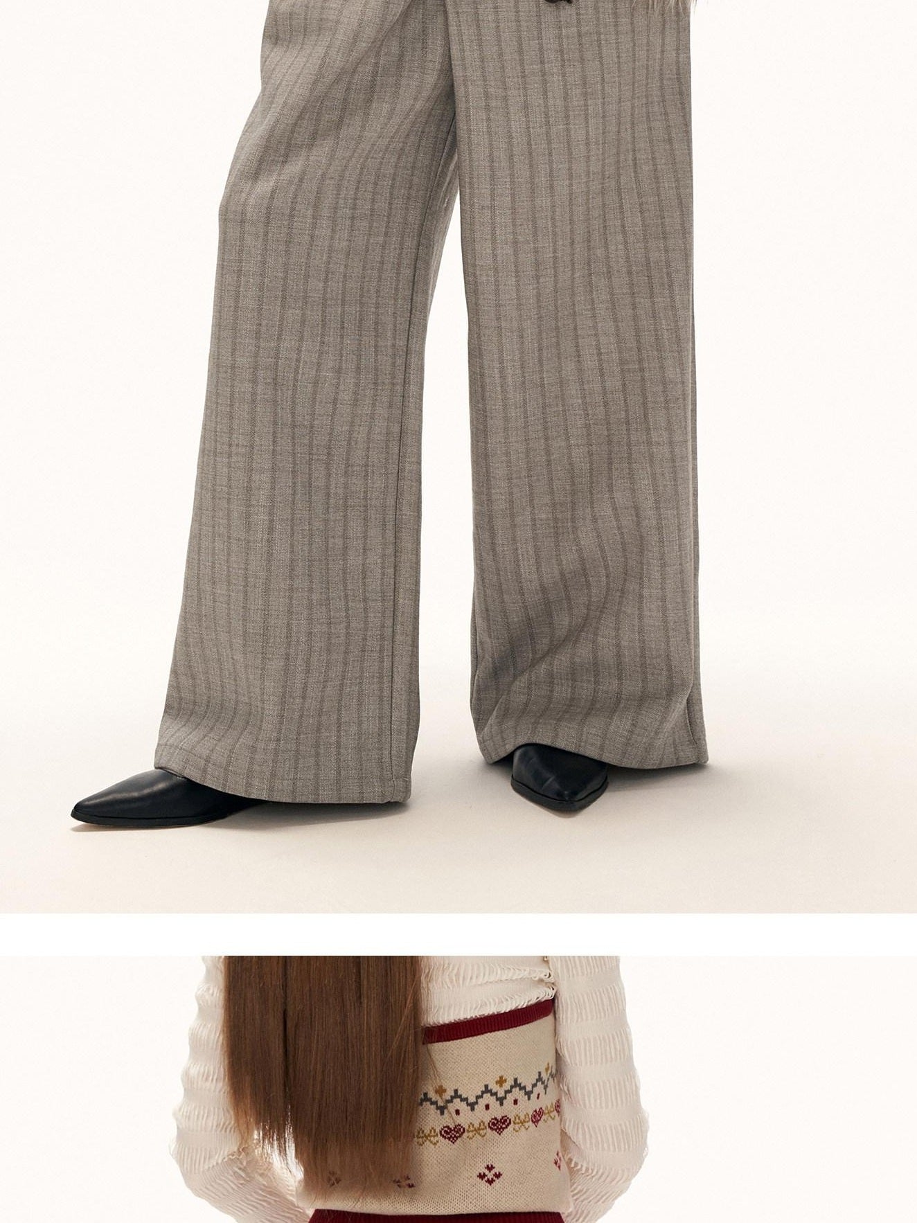 MAMC Soft Wide Leg Pleated Striped Casual Women Light Gray Straight Pants