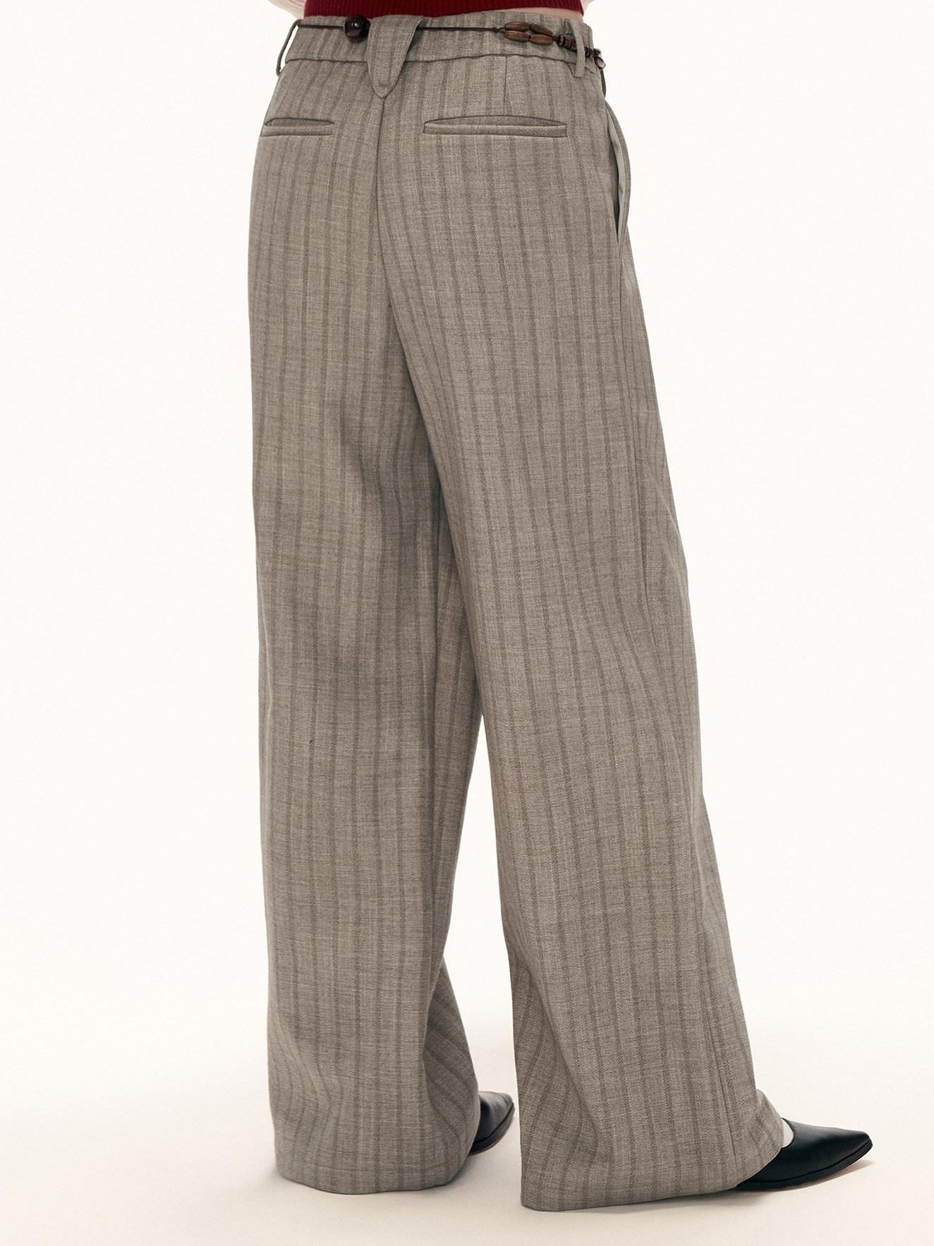 MAMC Soft Wide Leg Pleated Striped Casual Women Light Gray Straight Pants