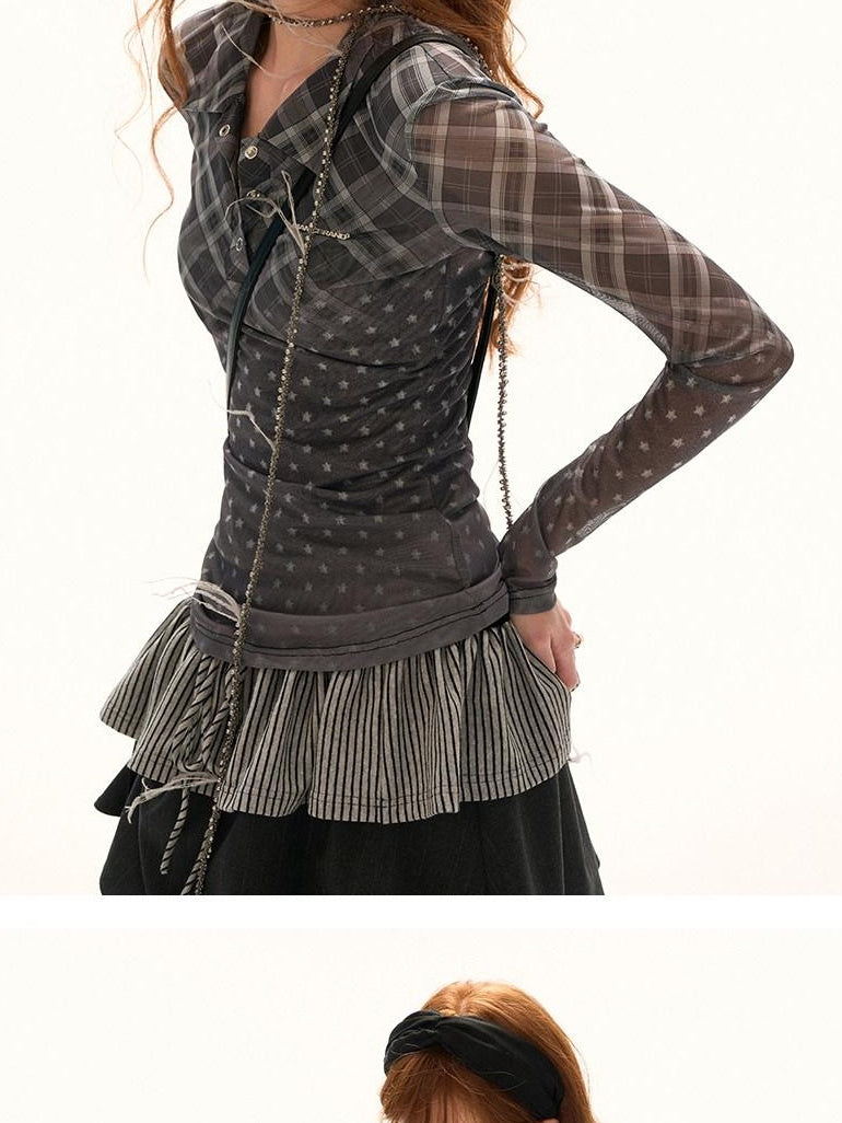 MAMC Stretch Slim Fit Commuter Women Ombre Cross Check Long Sleeve T-Shirts