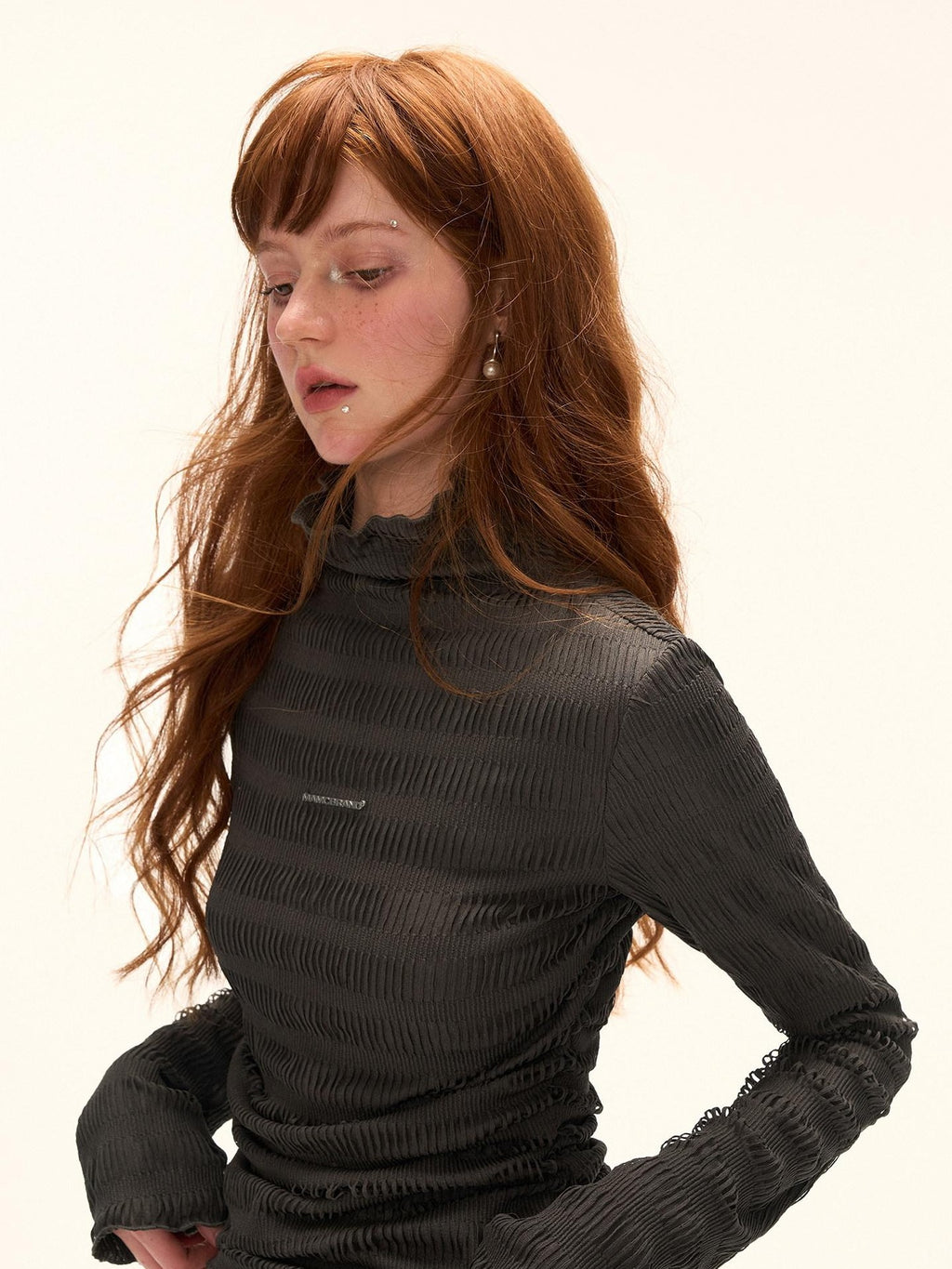 MAMC Stretch Slim Fit High Neck Textured Casual Women Long Sleeve T-Shirts