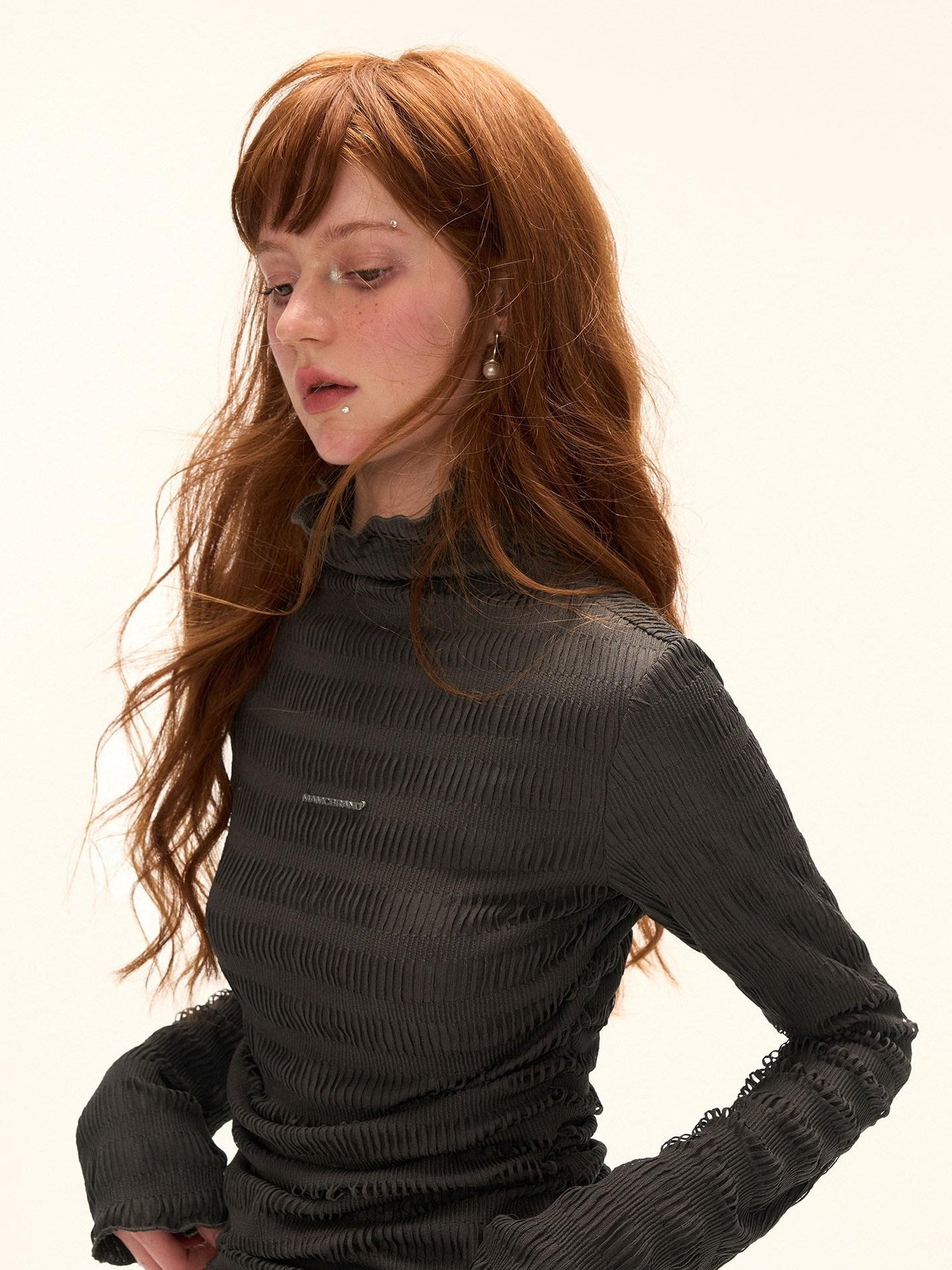 MAMC Stretch Slim Fit High Neck Textured Casual Women Long Sleeve T-Shirts