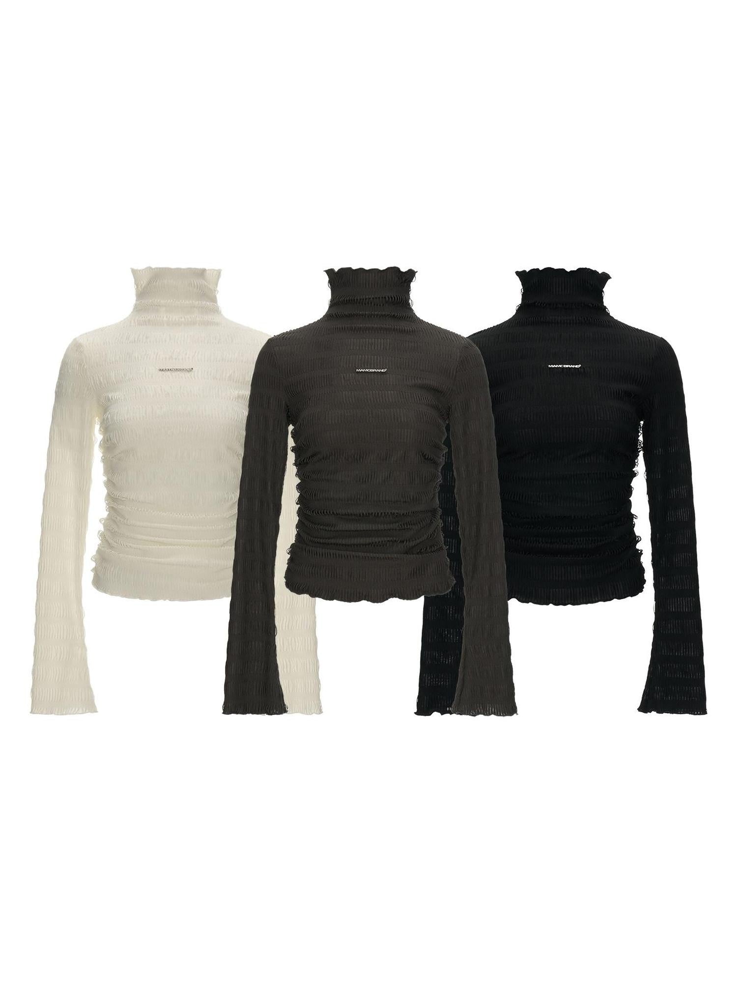 MAMC Stretch Slim Fit High Neck Textured Casual Women Long Sleeve T-Shirts