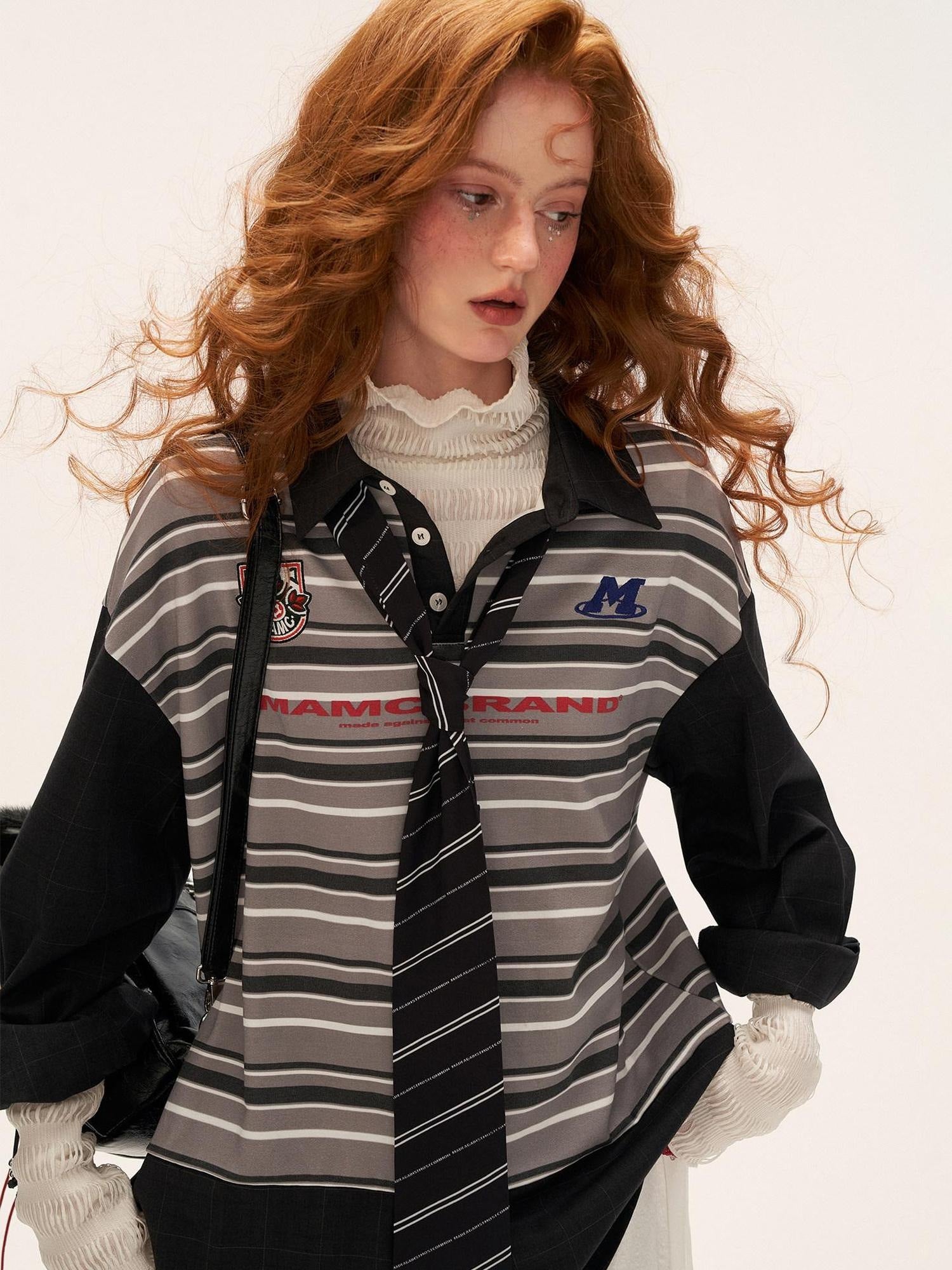 MAMC Striped Polo Collar Casual Standard Fit Women Cotton Blend Long Sleeve T-Shirts