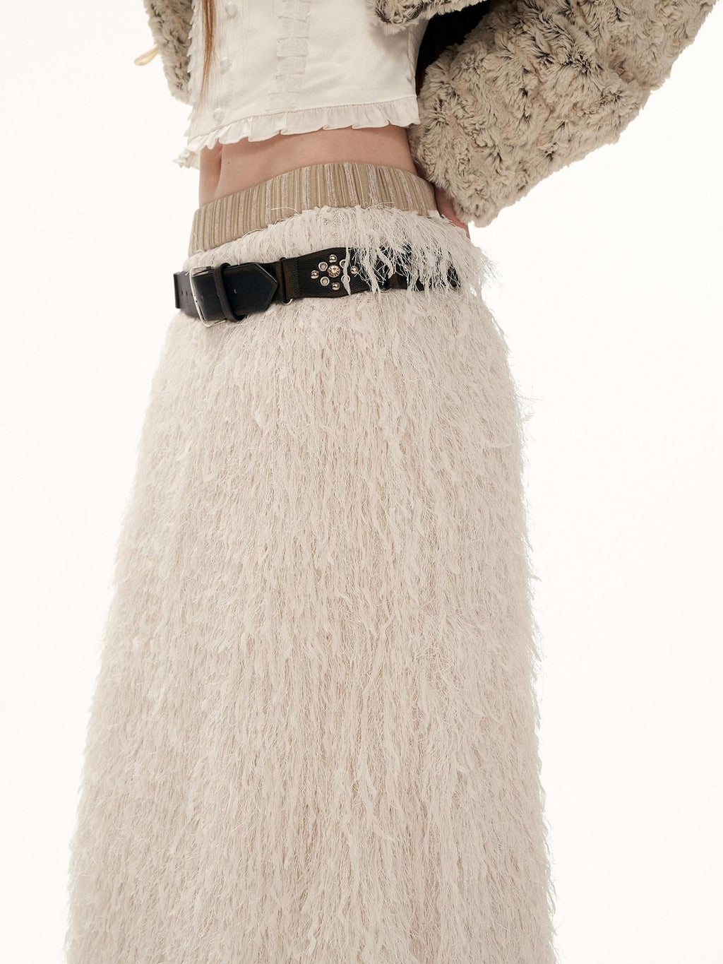 MAMC Tassel Detail Elastic Waist Ethereal Women Work Beige Mid Rise Midi Skirts