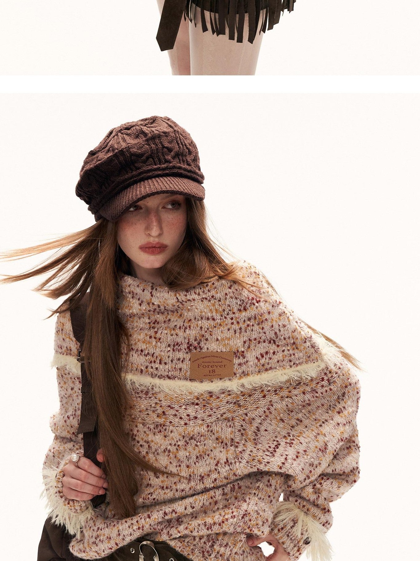 MAMC Tassel Trim Relaxed Fit High Neck Knit Pullover Women Commuter Beige Sweaters