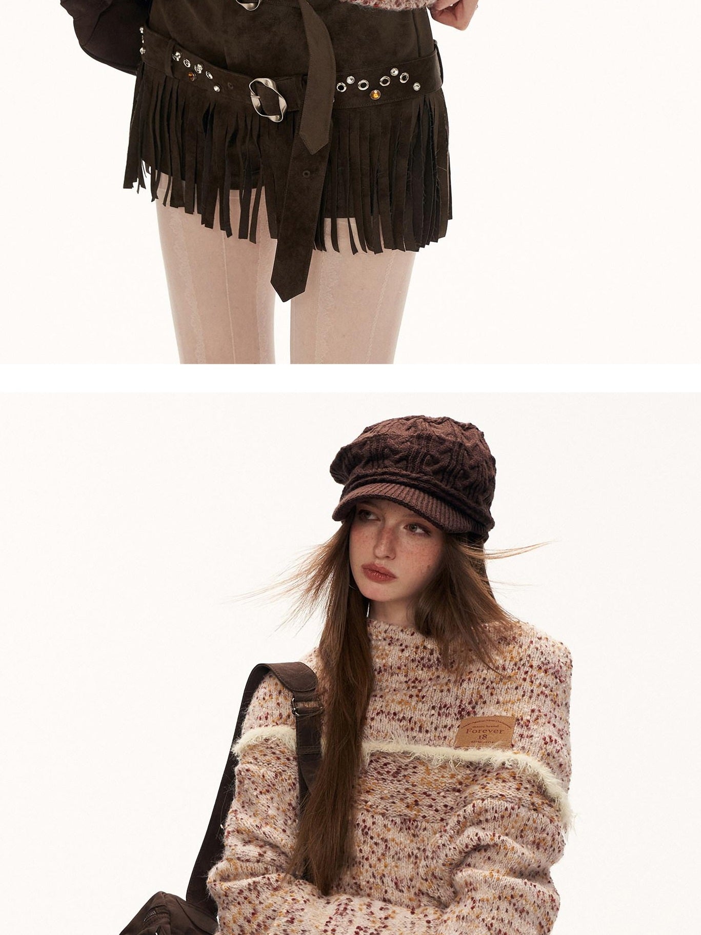 MAMC Tassel Trim Relaxed Fit High Neck Knit Pullover Women Commuter Beige Sweaters