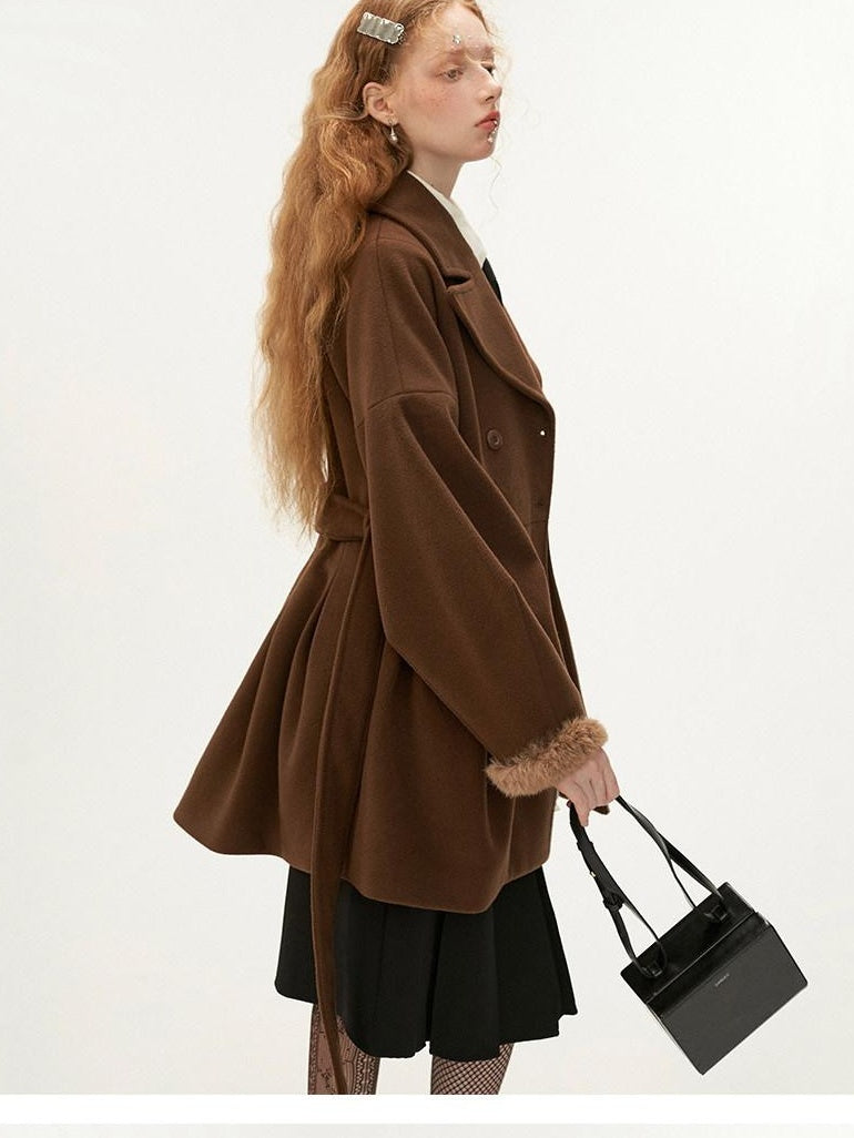 MAMC Tie Waist High Waist Korean Office Slim Fit Long Sleeve Brown Beige Short Coat
