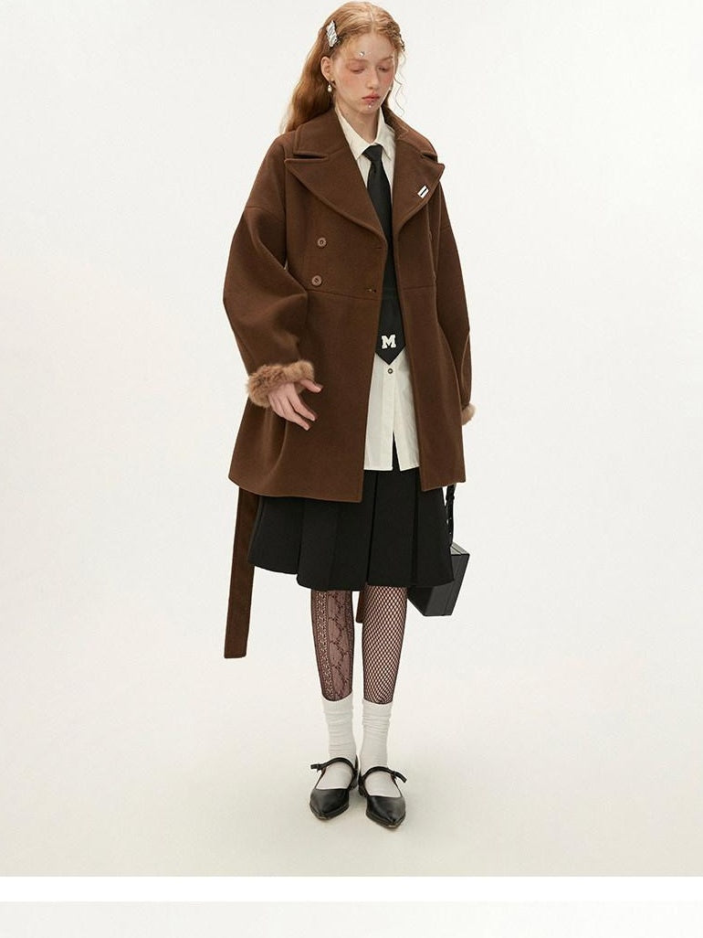 MAMC Tie Waist High Waist Korean Office Slim Fit Long Sleeve Brown Beige Short Coat