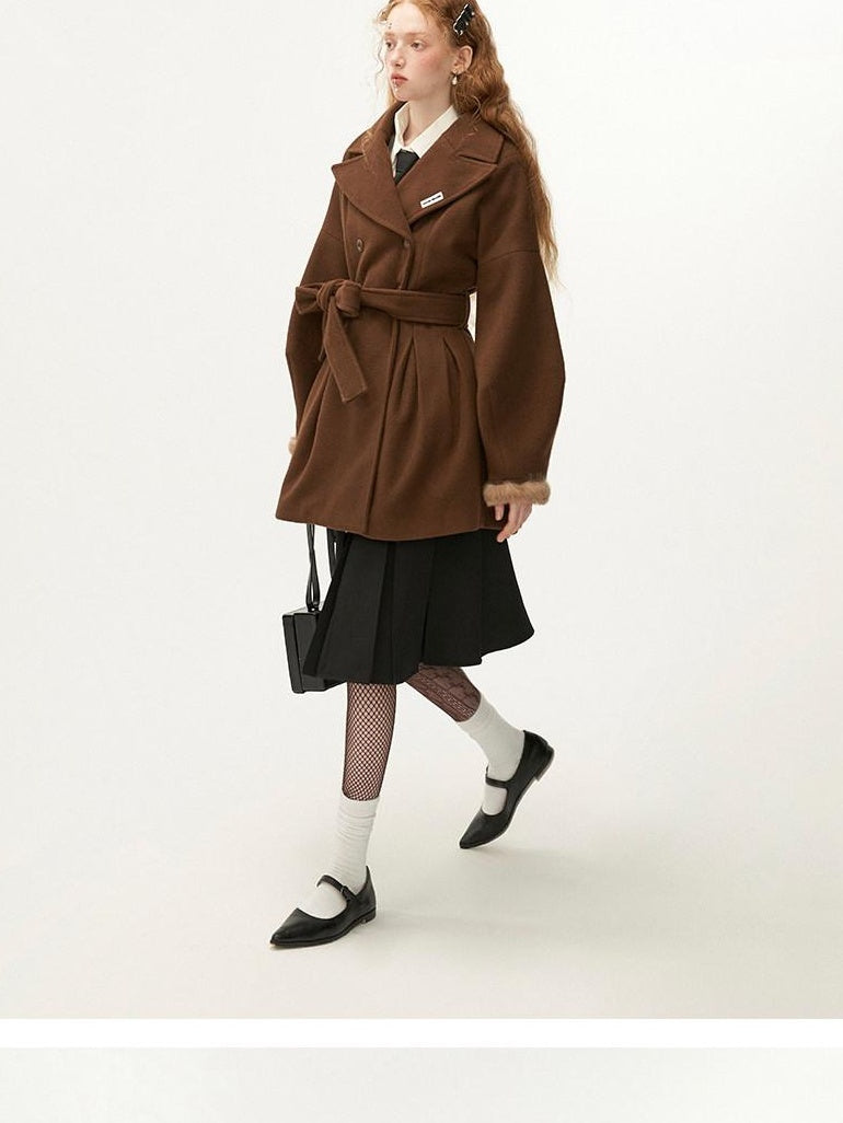 MAMC Tie Waist High Waist Korean Office Slim Fit Long Sleeve Brown Beige Short Coat