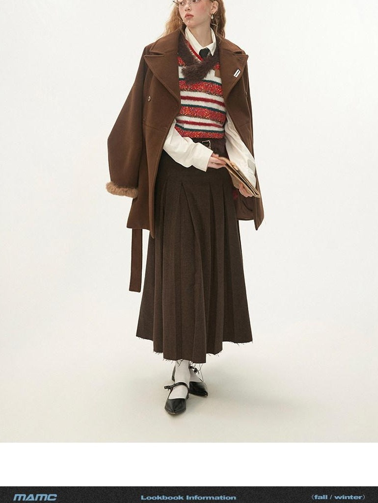 MAMC Tie Waist High Waist Korean Office Slim Fit Long Sleeve Brown Beige Short Coat