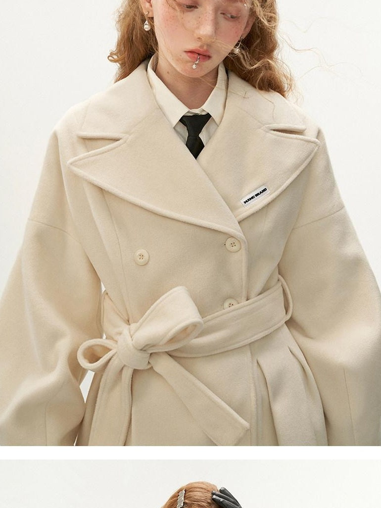MAMC Tie Waist High Waist Korean Office Slim Fit Long Sleeve Brown Beige Short Coat