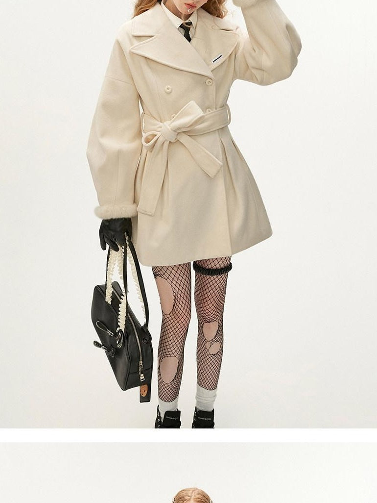 MAMC Tie Waist High Waist Korean Office Slim Fit Long Sleeve Brown Beige Short Coat