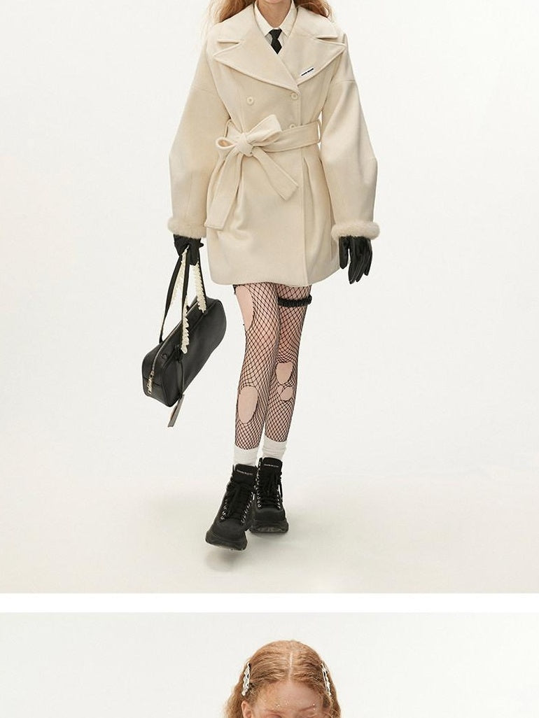 MAMC Tie Waist High Waist Korean Office Slim Fit Long Sleeve Brown Beige Short Coat