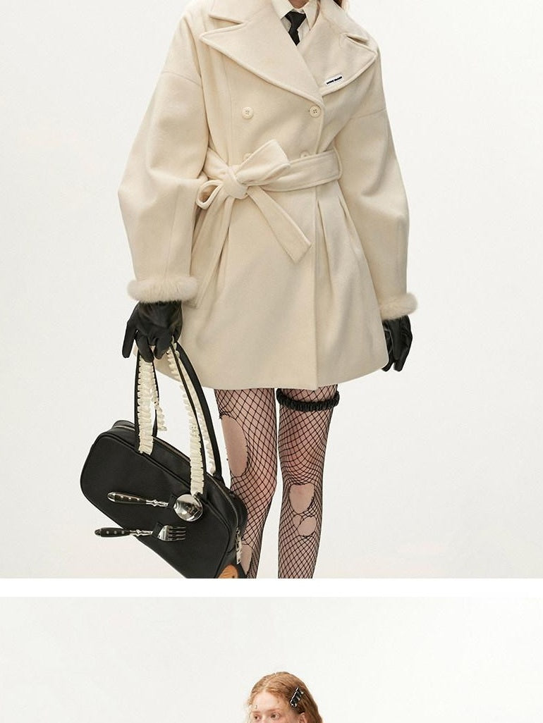MAMC Tie Waist High Waist Korean Office Slim Fit Long Sleeve Brown Beige Short Coat