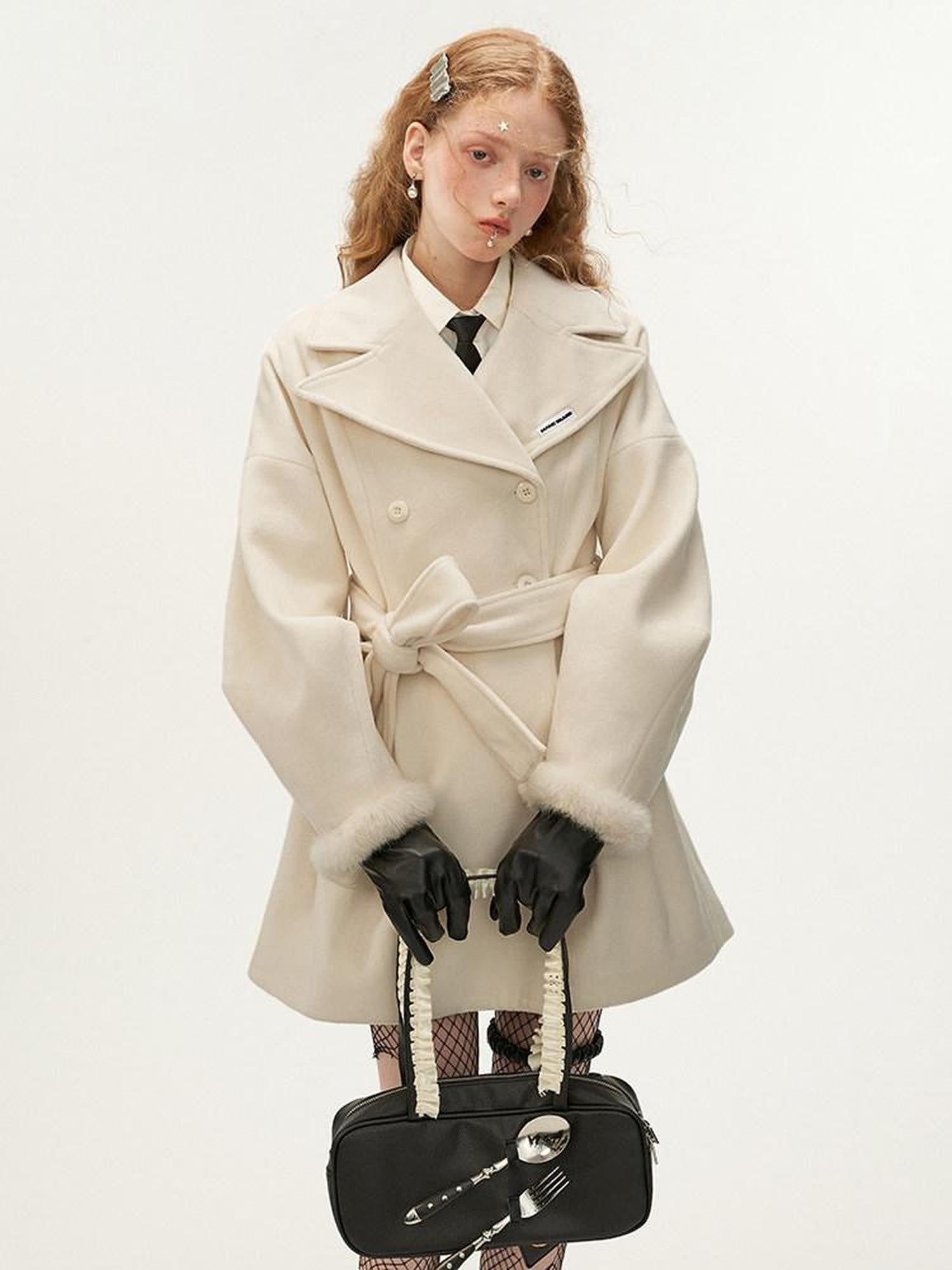 MAMC Tie Waist High Waist Korean Office Slim Fit Long Sleeve Brown Beige Short Coat