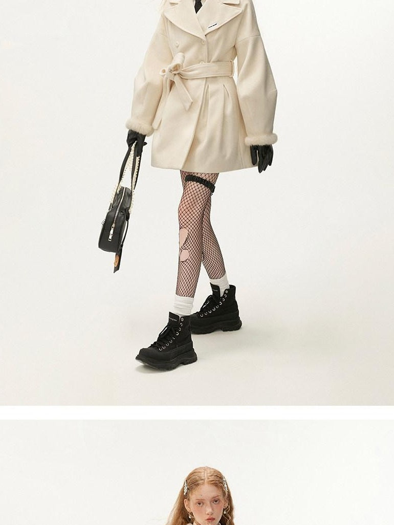MAMC Tie Waist High Waist Korean Office Slim Fit Long Sleeve Brown Beige Short Coat