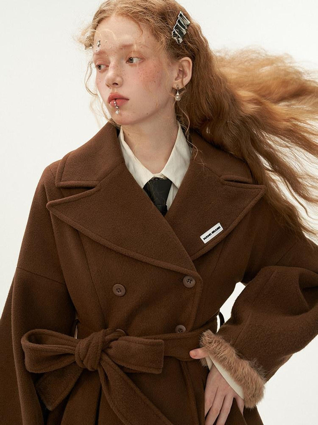 MAMC Tie Waist High Waist Korean Office Slim Fit Long Sleeve Brown Beige Short Coat