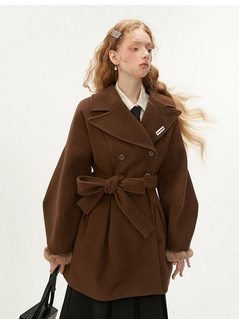 MAMC Tie Waist High Waist Korean Office Slim Fit Long Sleeve Brown Beige Short Coat