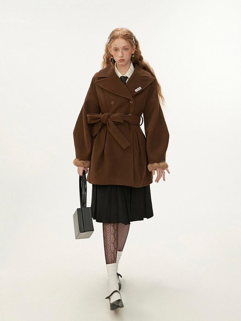 MAMC Tie Waist High Waist Korean Office Slim Fit Long Sleeve Brown Beige Short Coat