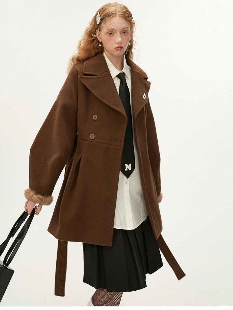 MAMC Tie Waist High Waist Korean Office Slim Fit Long Sleeve Brown Beige Short Coat