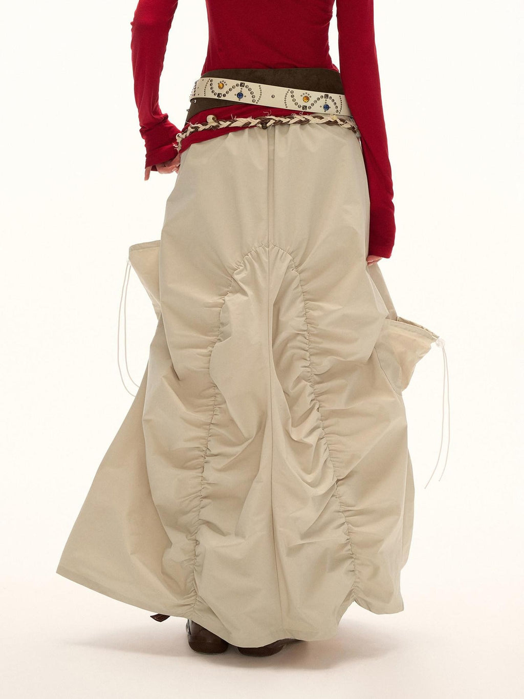 MAMC Utility Pleated Mid Rise Tie Waist Loose Fit Women Casual Polyester Maxi Skirts