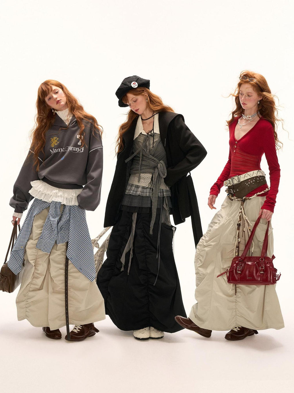 MAMC Utility Pleated Mid Rise Tie Waist Loose Fit Women Casual Polyester Maxi Skirts