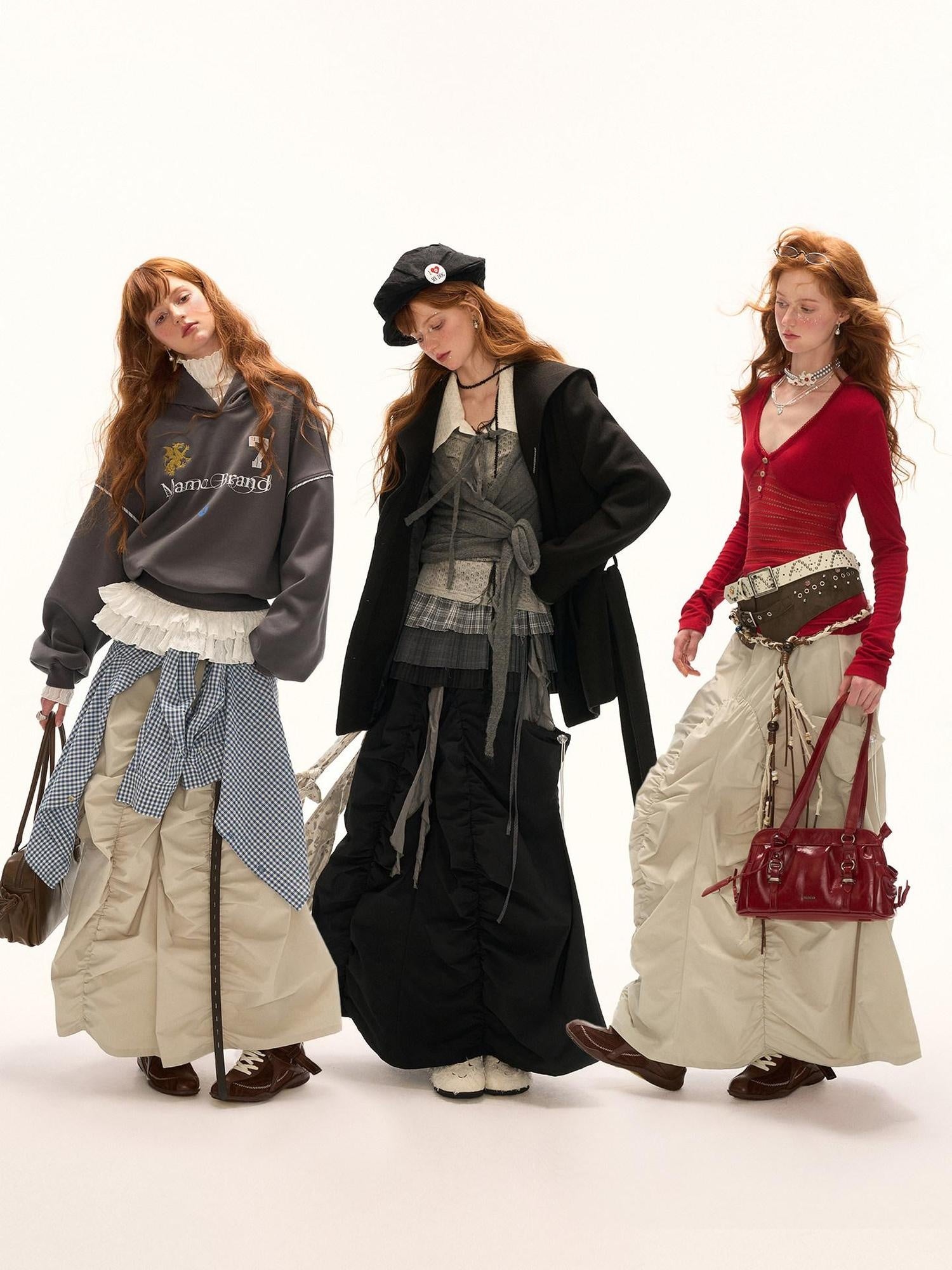 MAMC Utility Pleated Mid Rise Tie Waist Loose Fit Women Casual Polyester Maxi Skirts