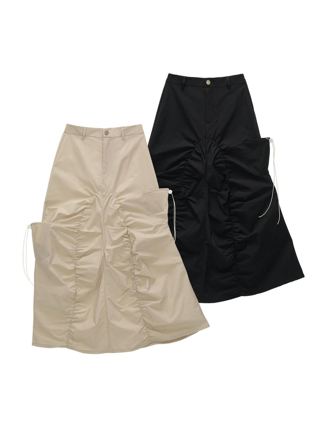 MAMC Utility Pleated Mid Rise Tie Waist Loose Fit Women Casual Polyester Maxi Skirts