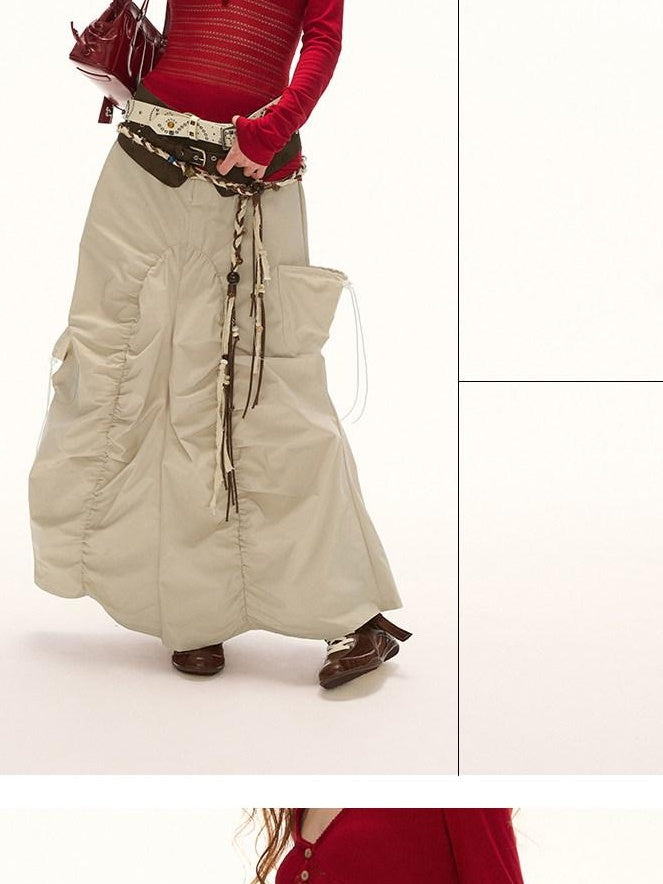 MAMC Utility Pleated Mid Rise Tie Waist Loose Fit Women Casual Polyester Maxi Skirts