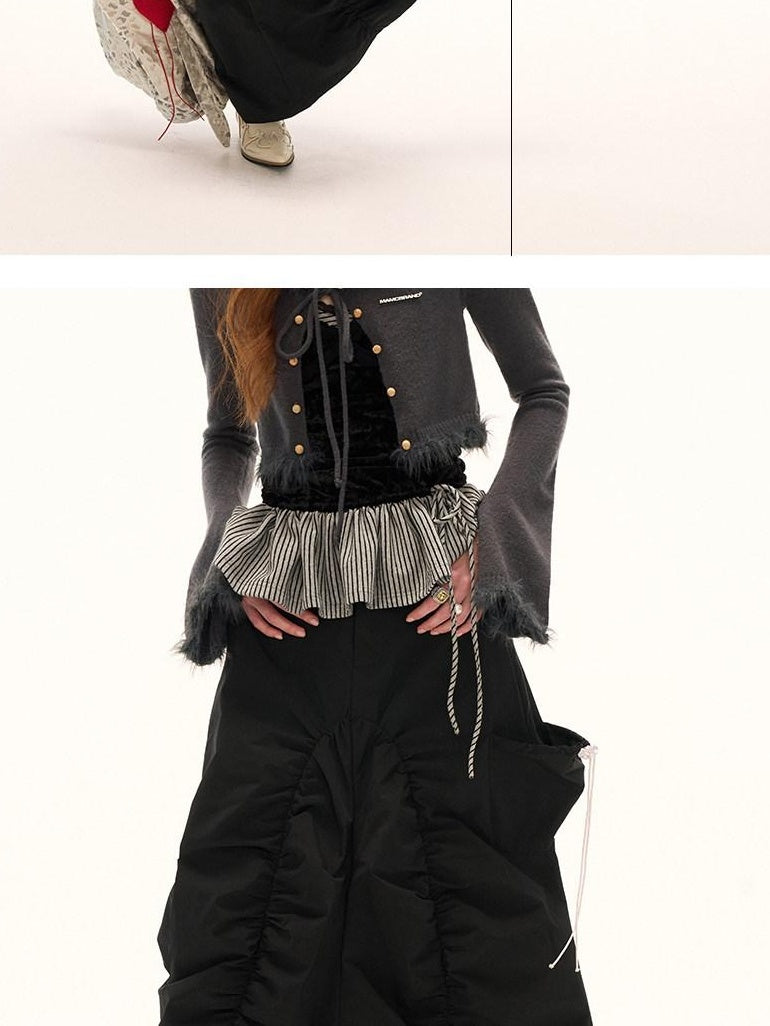 MAMC Utility Pleated Mid Rise Tie Waist Loose Fit Women Casual Polyester Maxi Skirts