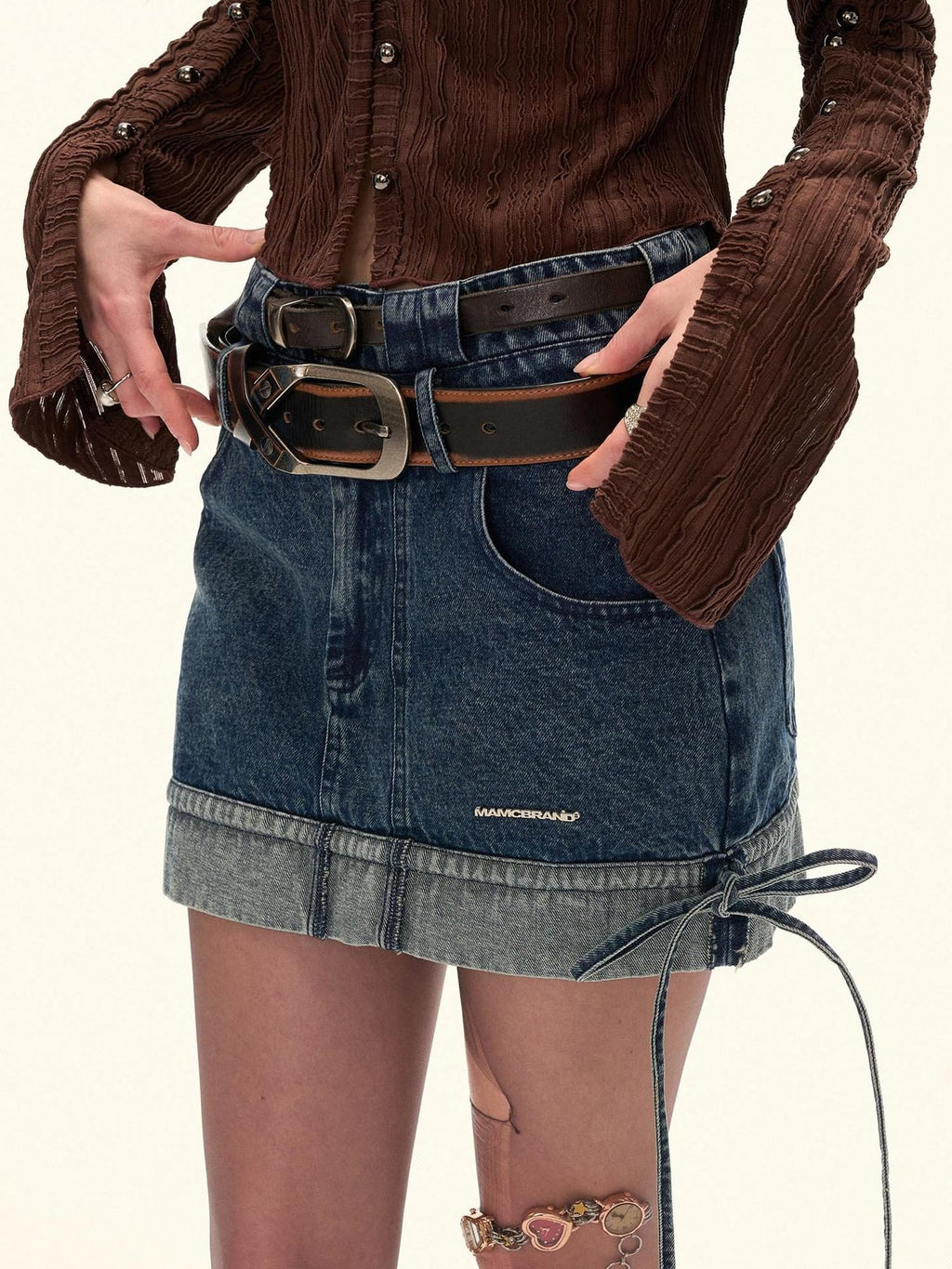 MAMC Vintage Double Waistband Slim Mid Waist Cotton Denim Casual Women Mini Skirts
